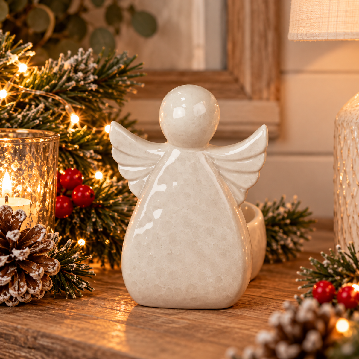 Angel Tealight Holder, alternative view showing the tealight glowing behind the ceramic angel