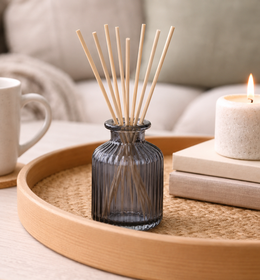 Blue Ribbed Glass Bottle Vase