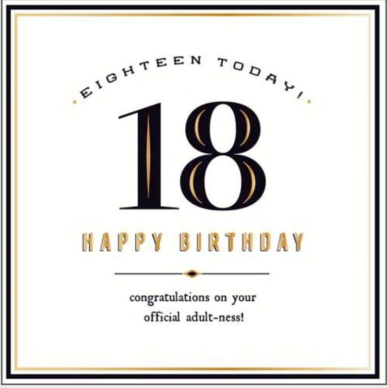 18 Today greetings card with a large black 18, Eighteen Today and Happy Birthday in gold lettering