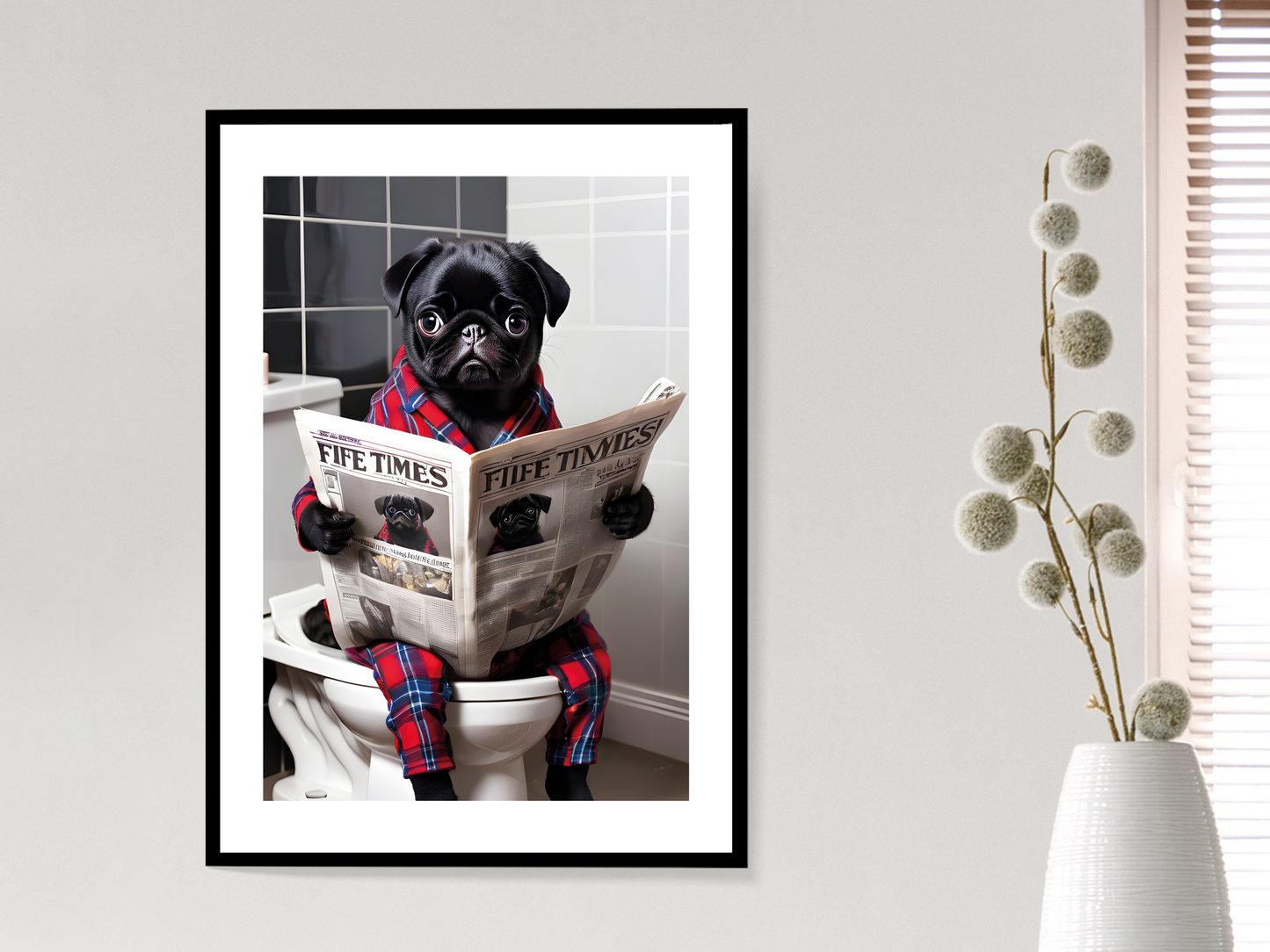 Black Pug on Toilet