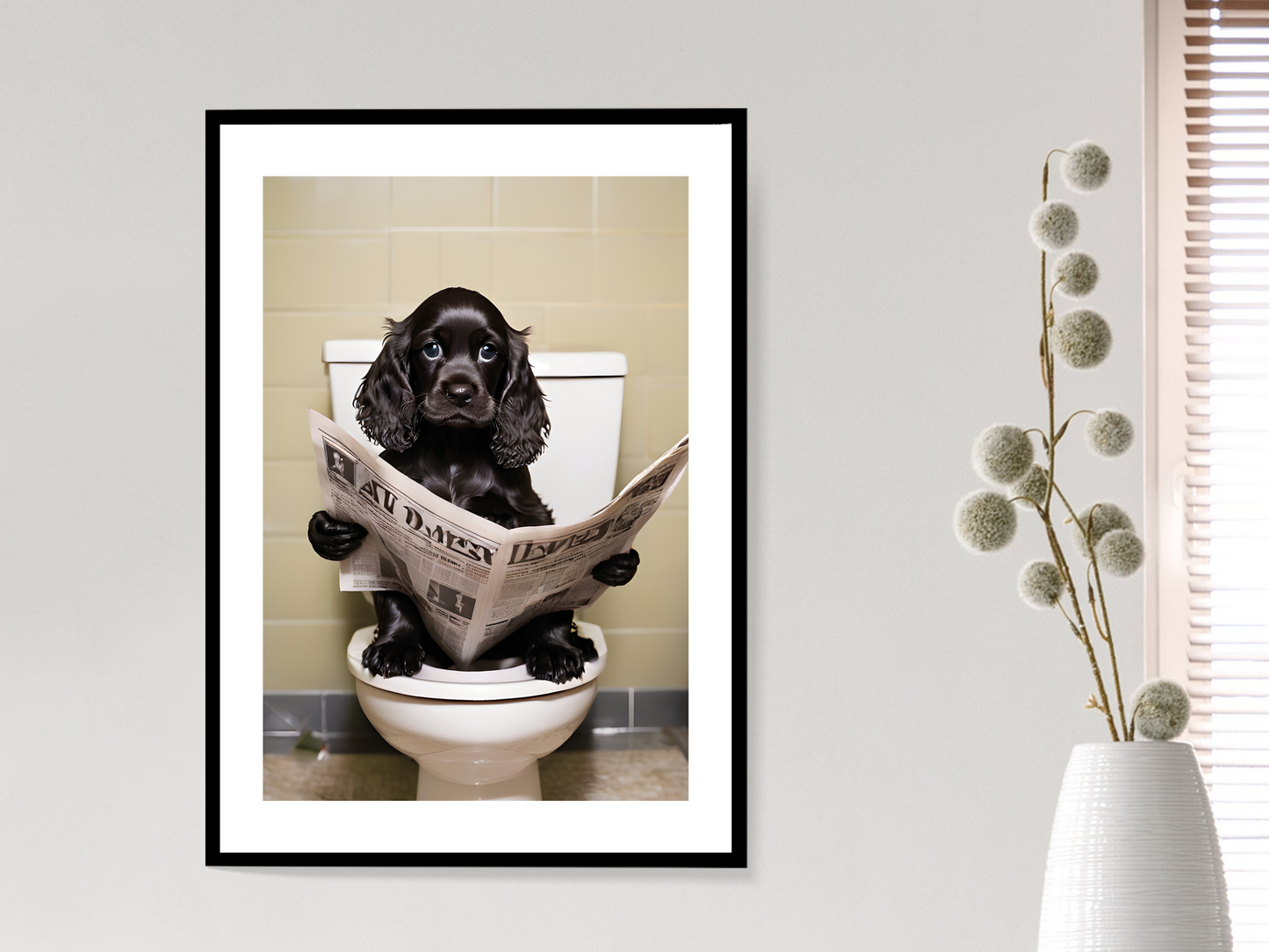 Black Cocker Spaniel on Toilet