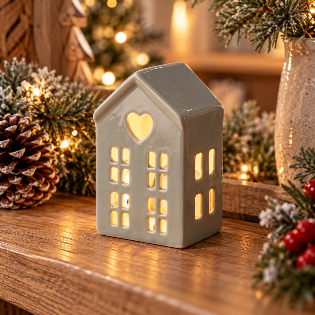 Dainty Grey LED House, a ceramic house with cut-out windows and a heart detail, lit by an LED tealight