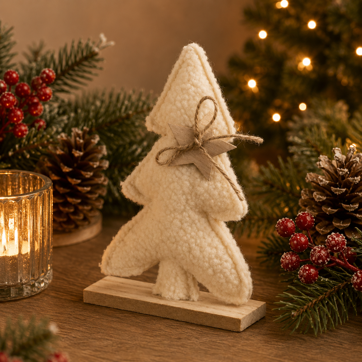 Sherpa Christmas Tree on Wooden Base, cream fleece tree with twine bow among pine and berries