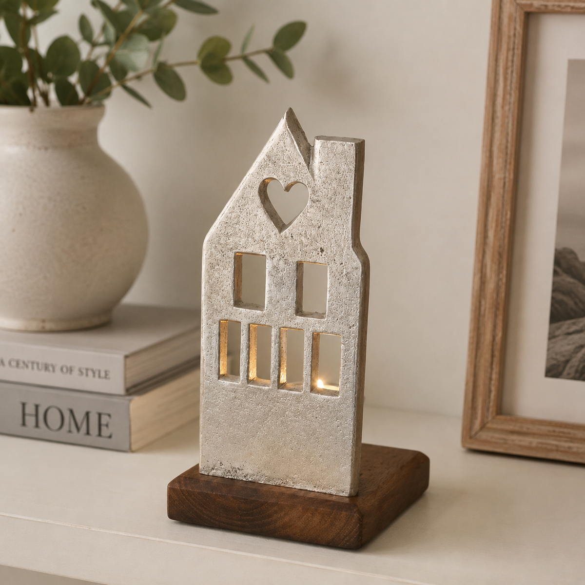 Metal House Tealight Holder On Wooden Base