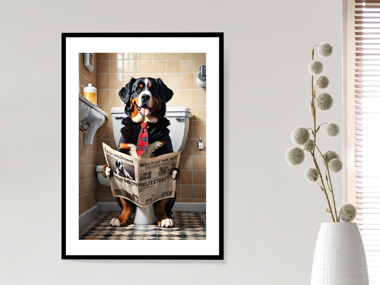 Bernese Mountain Dog on Toilet