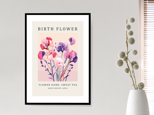 Birth Flower Print April Sweet Pea | Birthday Month Poster