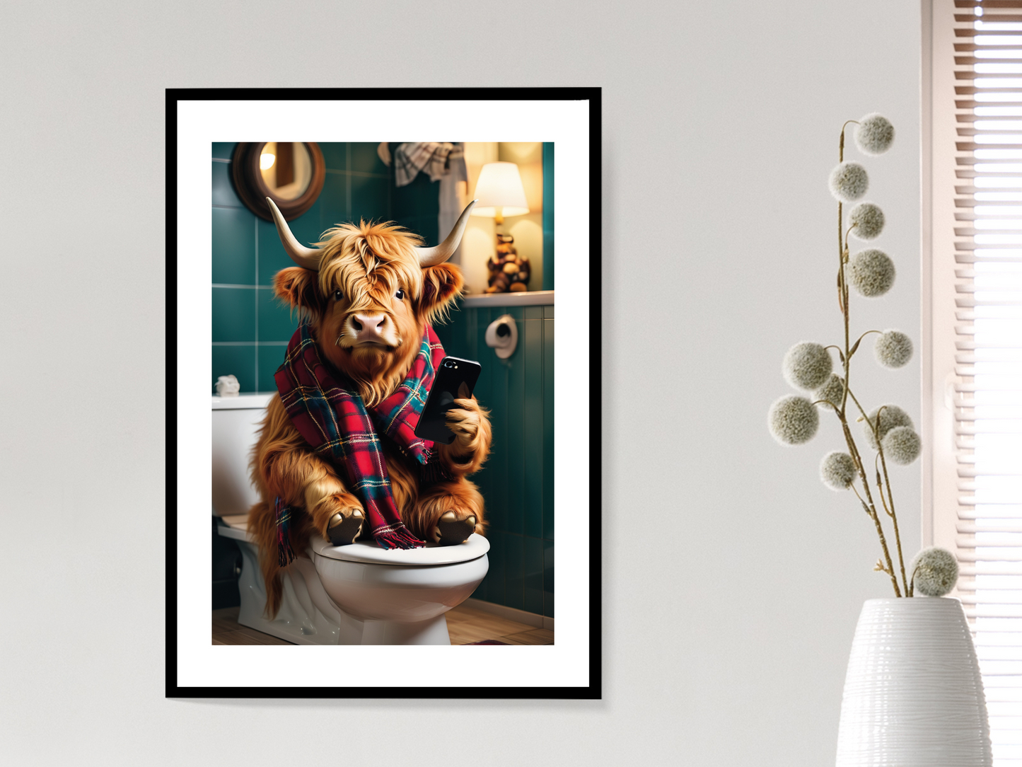 Highland Cow - On Toilet with Phone (Red Tartan Scarf)