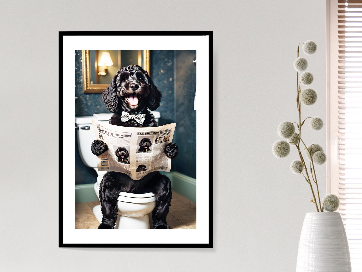 Black Cockapoo on Toilet with Bow Tie