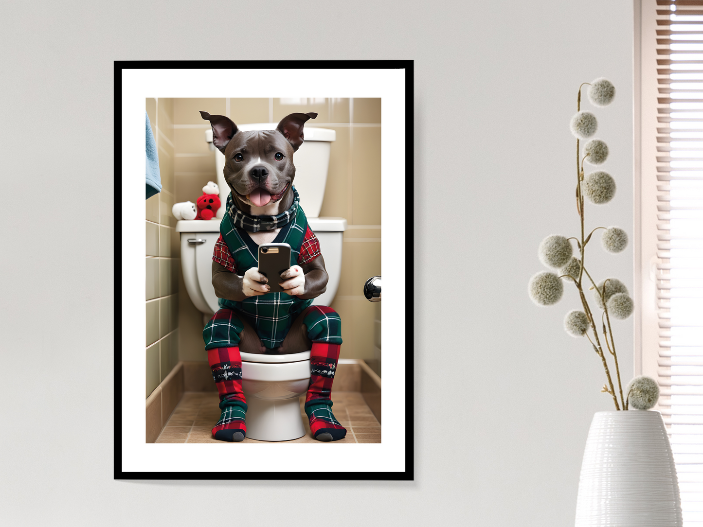 Staffordshire Bull Terrier on Toilet & Phone