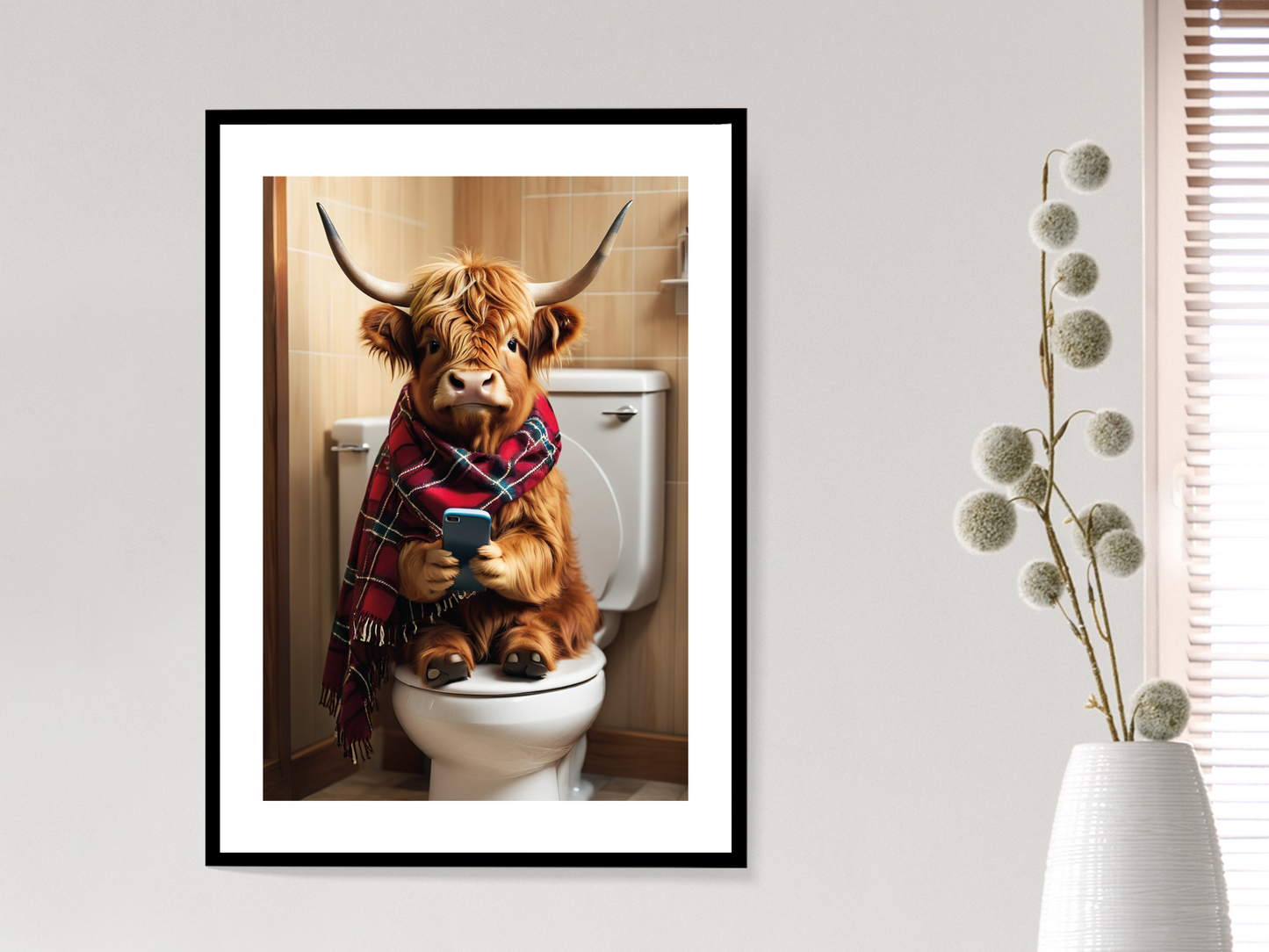 Highland Cow - On Toilet with Phone (Tartan Poncho)