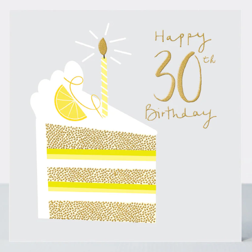 30th Cake Birthday Card with a slice of yellow layered cake, a candle and gold Happy 30th Birthday