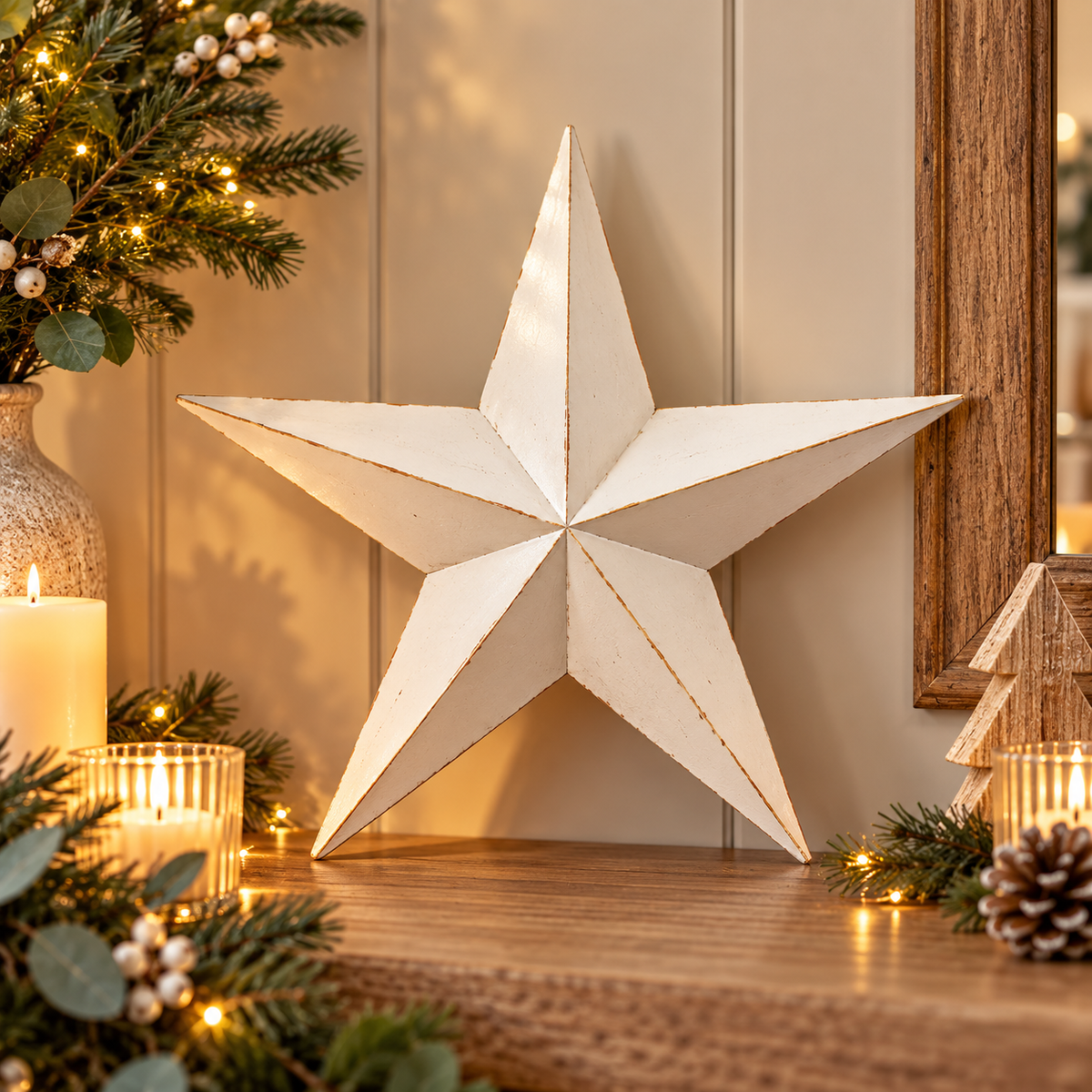 White Metal Barn Star, Medium, a 3D rustic star with a distressed white finish