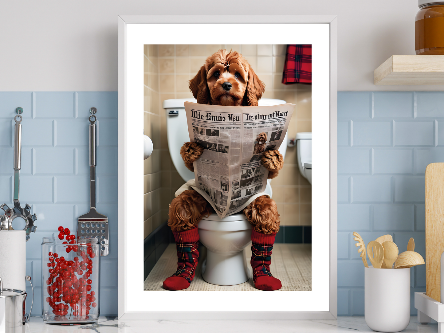 Red Cockapoo on Toilet