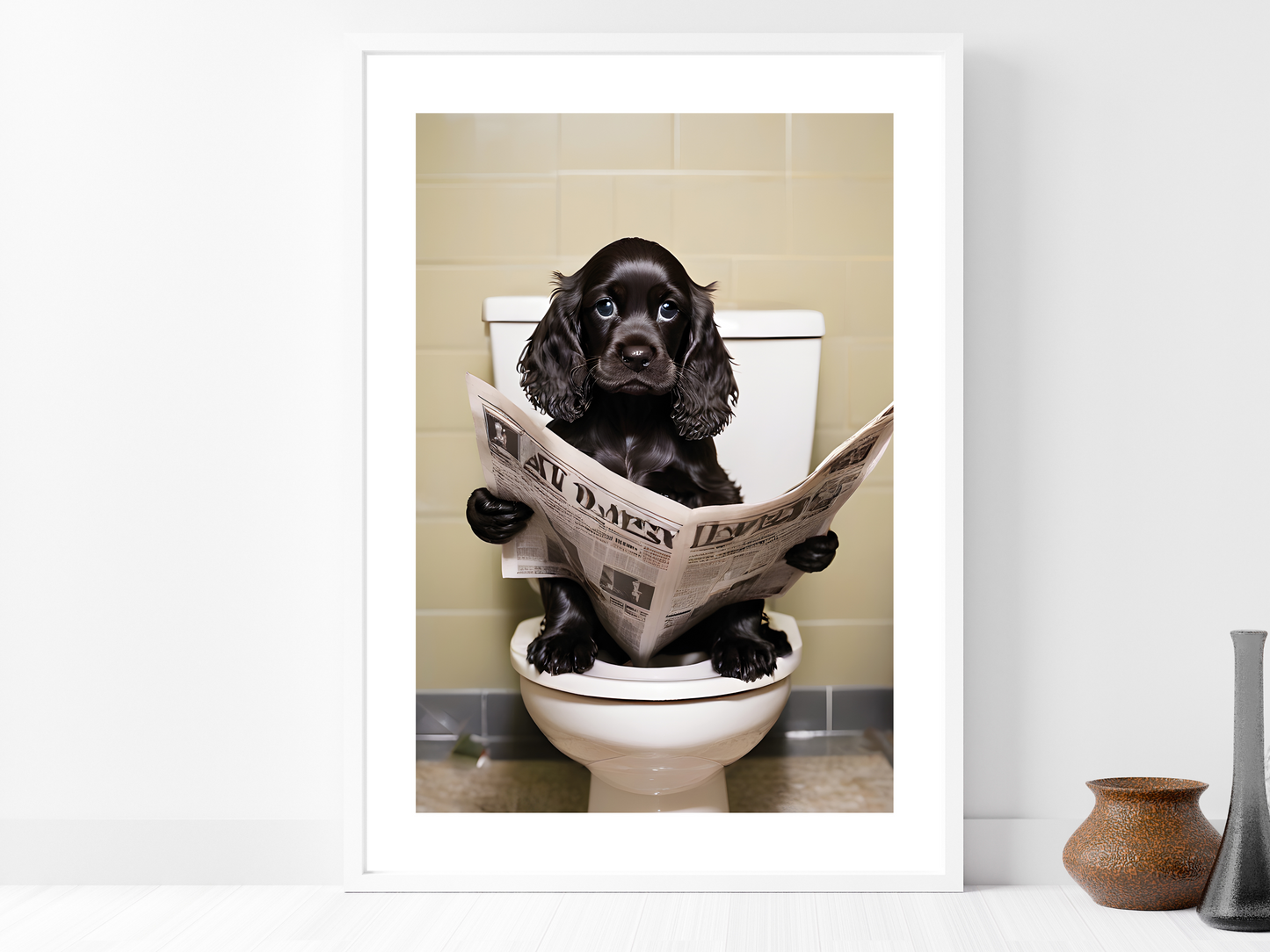 Black Cocker Spaniel on Toilet