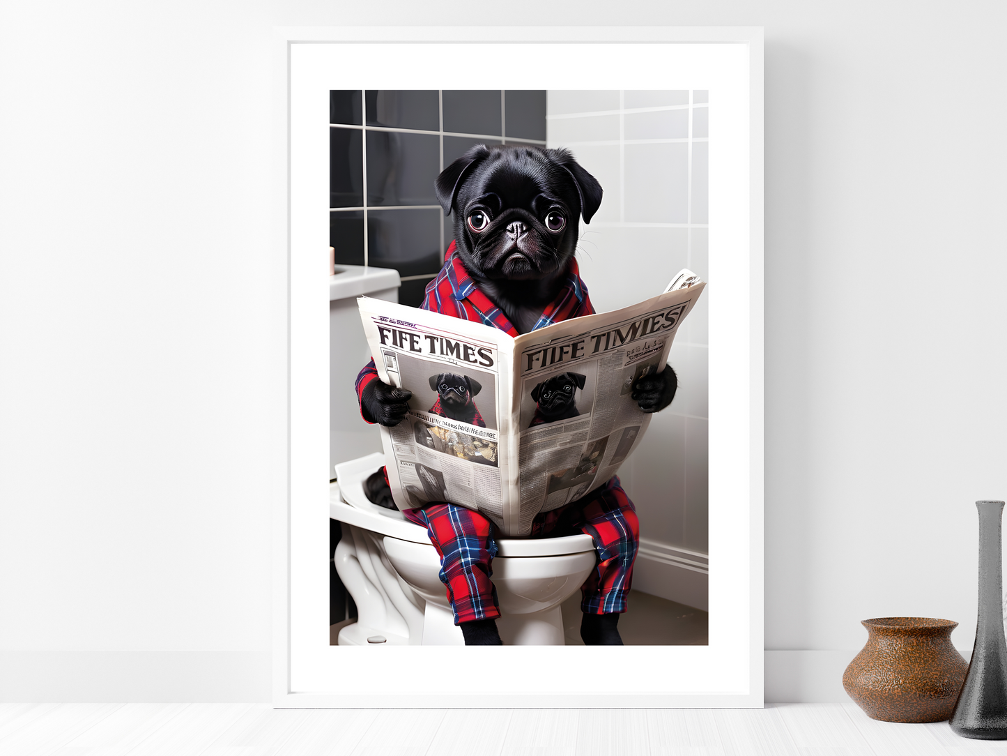 Black Pug on Toilet