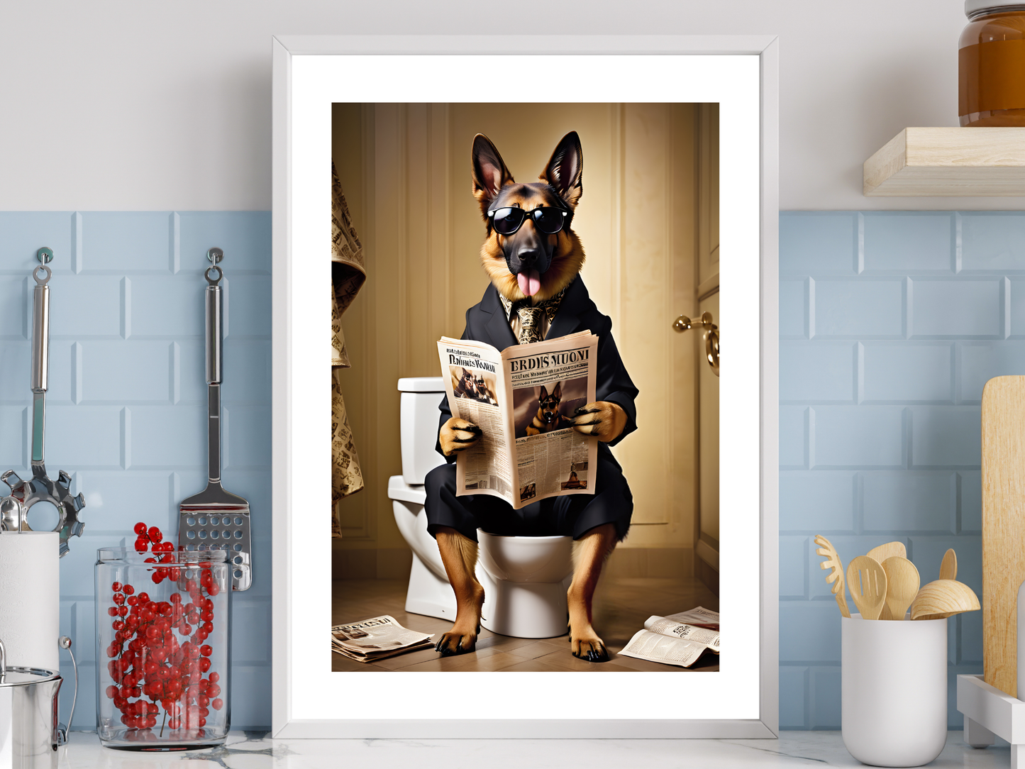 German Shepherd on Toilet