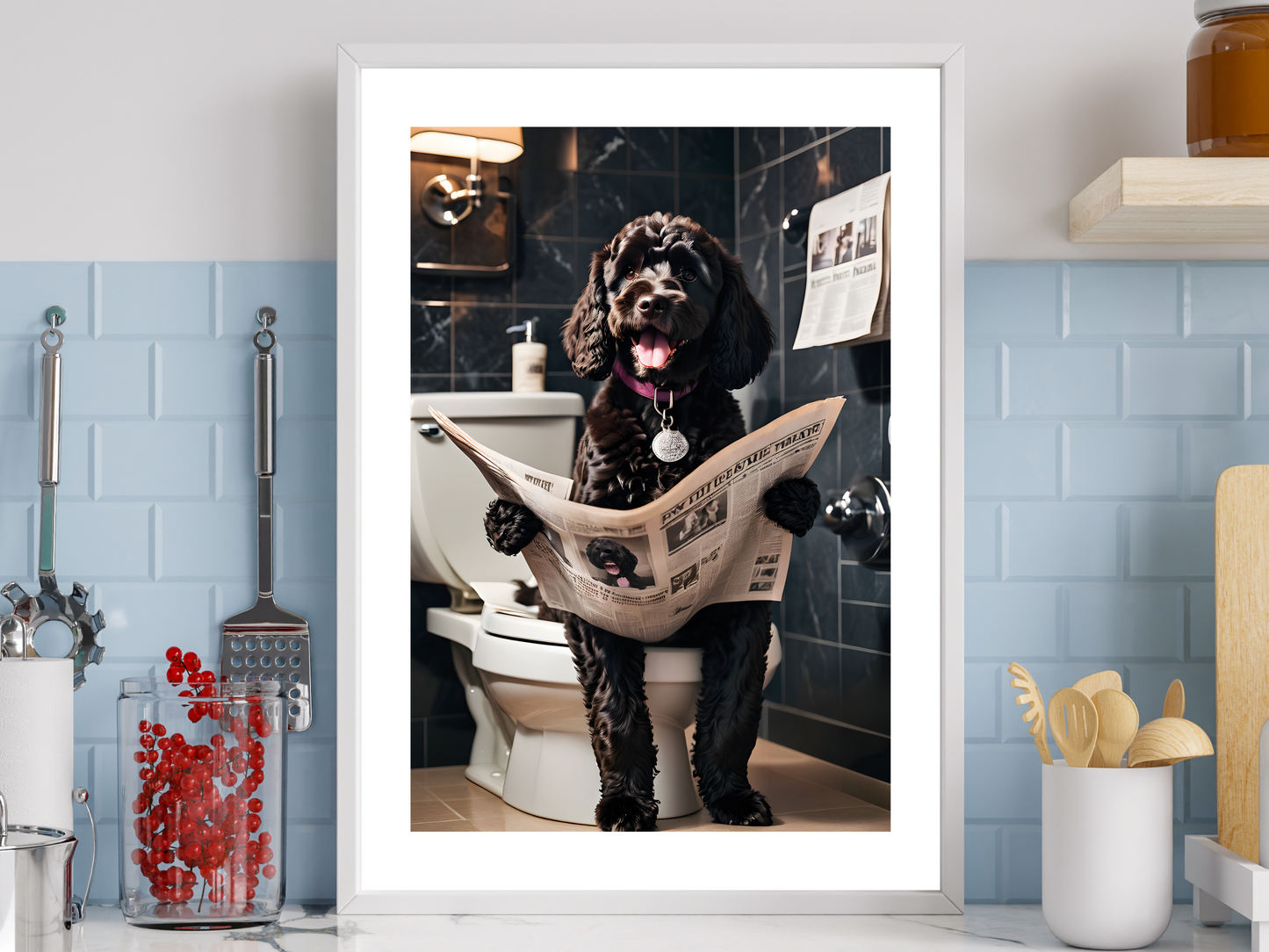 Black Cockapoo on Toilet