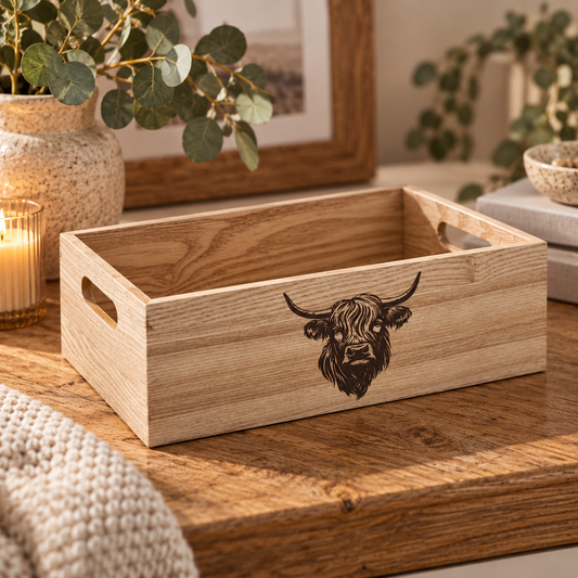 Highland Cow Wooden Storage Box, a natural wood crate with a detailed Highland cow design