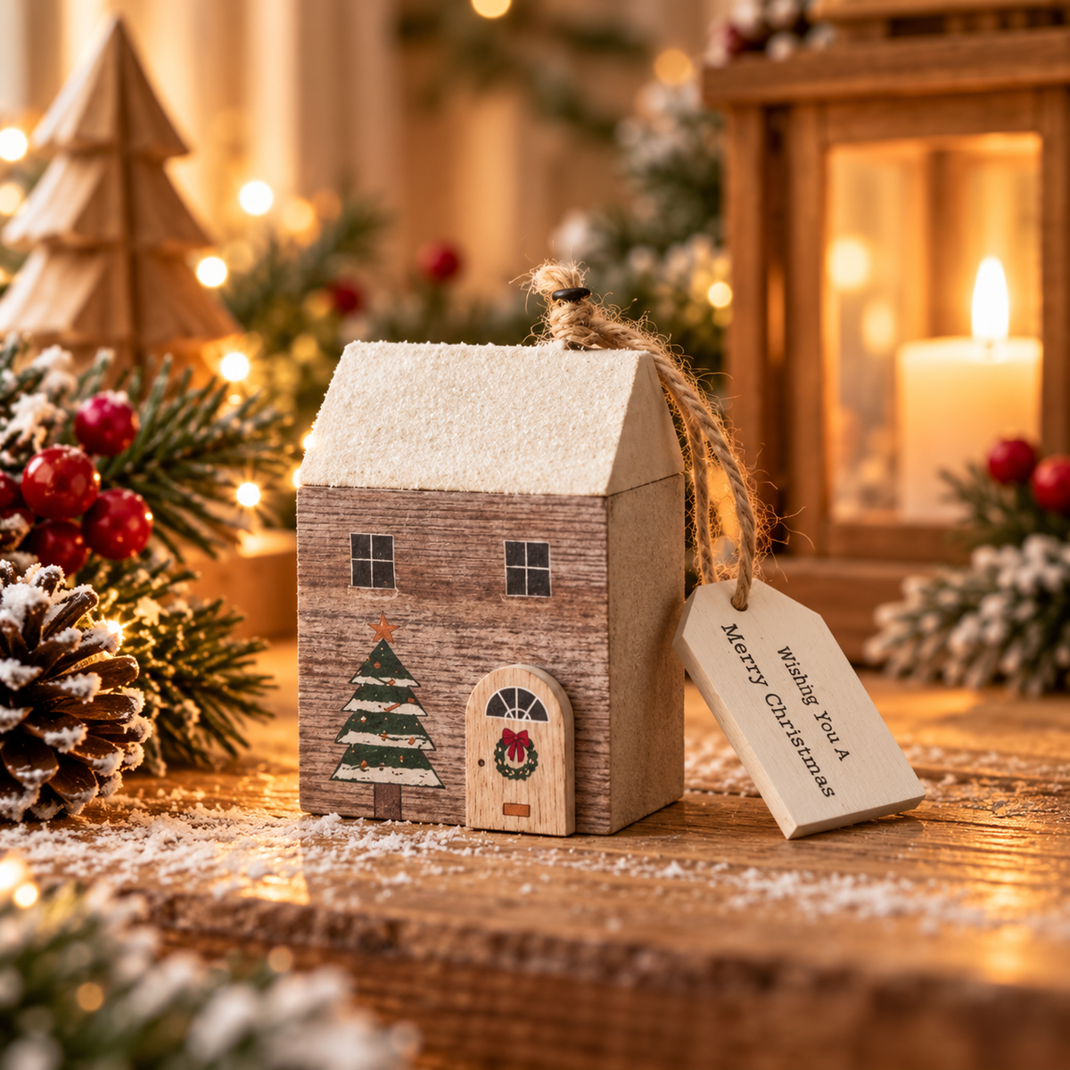 Wish You A Merry Christmas wooden house decoration, alternative view with its rustic hanging string