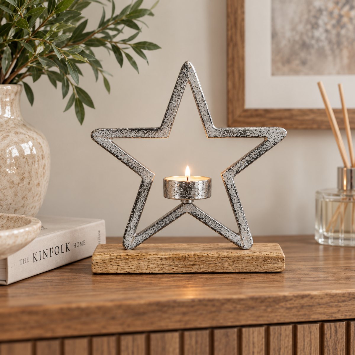 Silver Star On Wooden Base Tealight Holder
