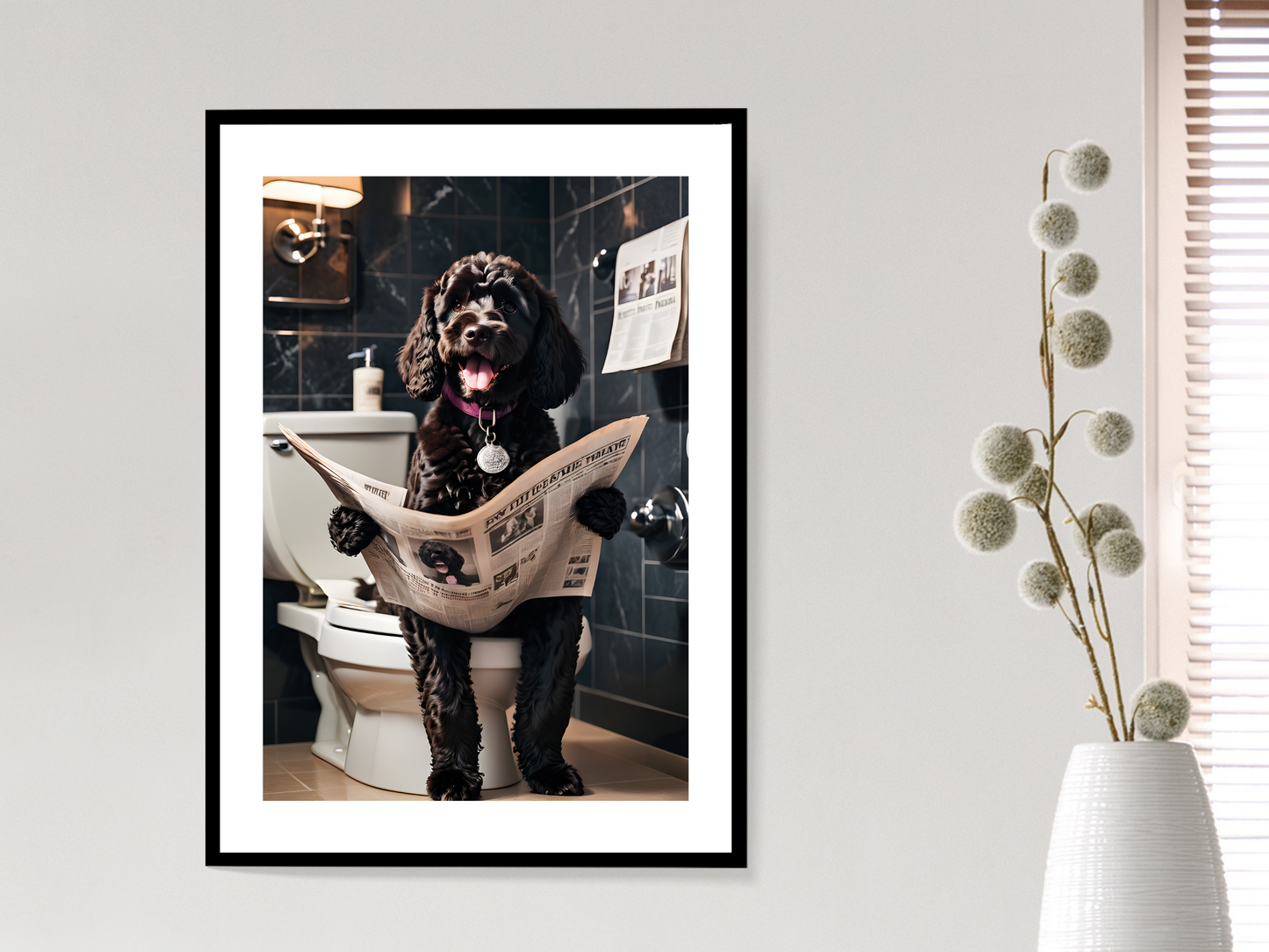 Black Cockapoo on Toilet