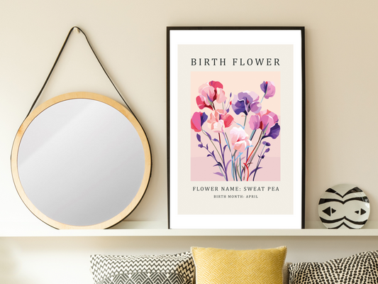 Birth Flower Print April Sweet Pea | Birthday Month Poster