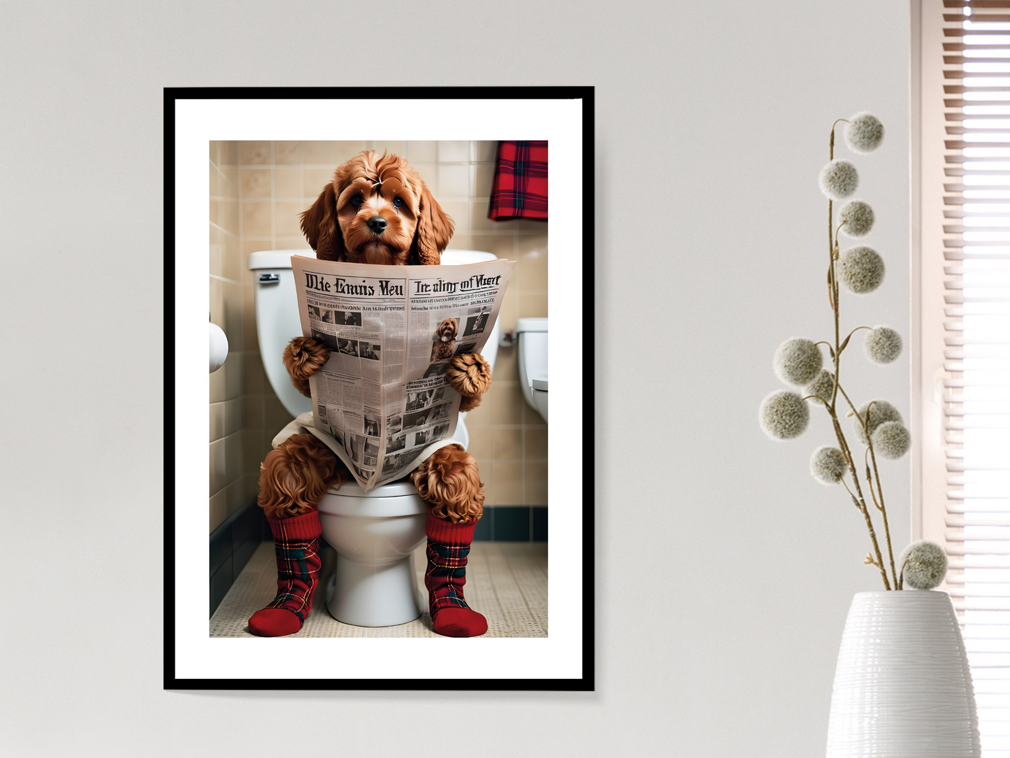 Red Cockapoo on Toilet