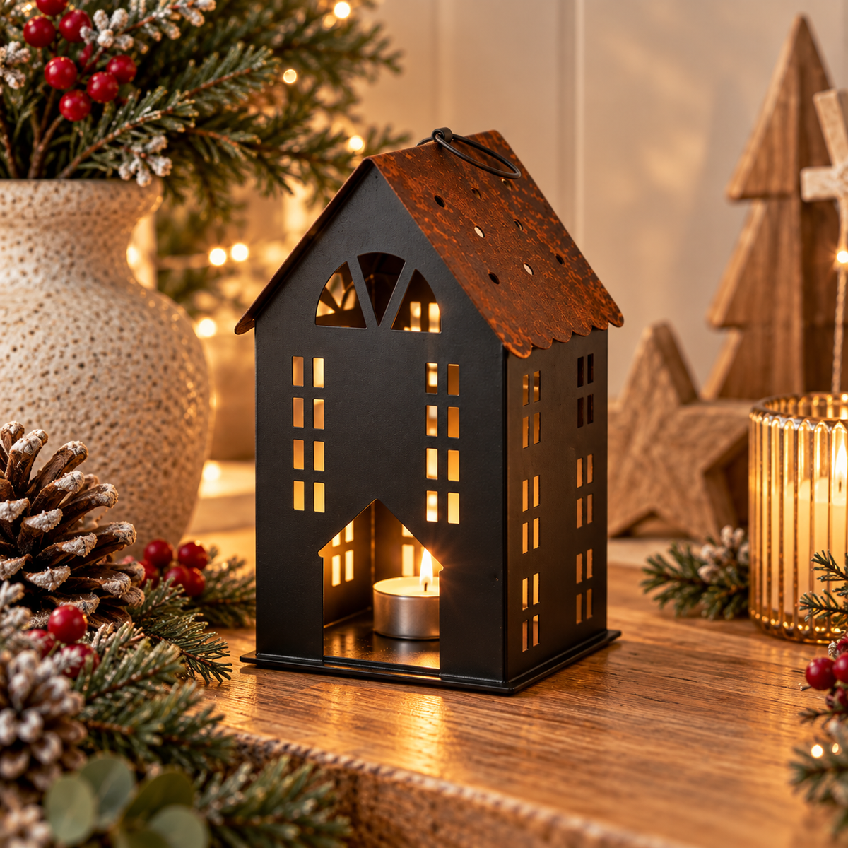 Black Metal House Tealight Holder with cut-out windows that let the candlelight glow through