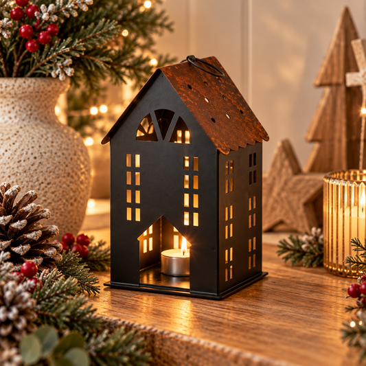 Black Metal House Tealight Holder with cut-out windows that let the candlelight glow through