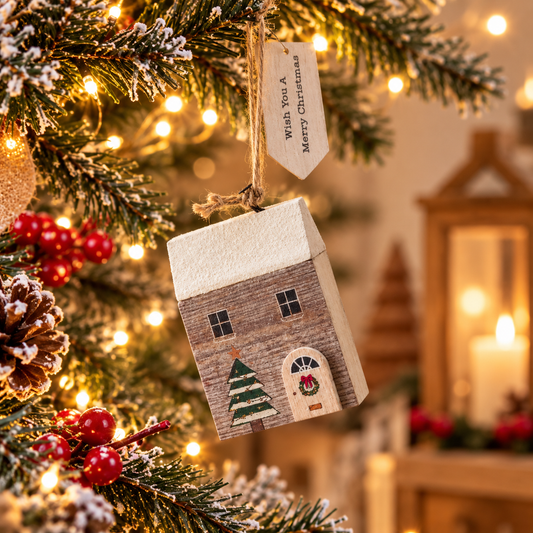 Wish You A Merry Christmas wooden house decoration with a snowy grey roof, star and wreath on the door