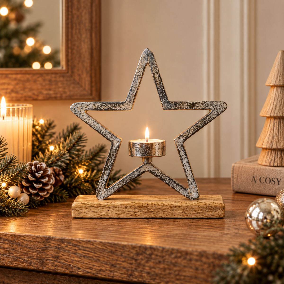 Silver Star On Wooden Base Tealight Holder