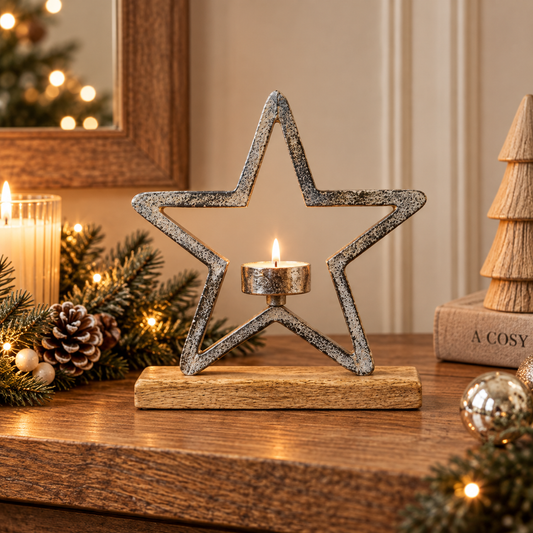 Silver Star On Wooden Base Tealight Holder glowing on a mantel with pine cones and fairy lights