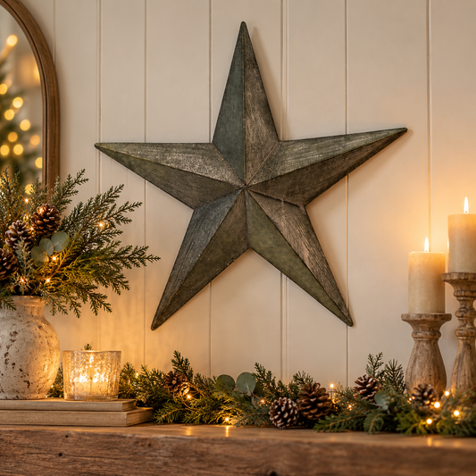 Grey Metal Barn Star, Large, a 3D rustic star with a distressed dark metal finish
