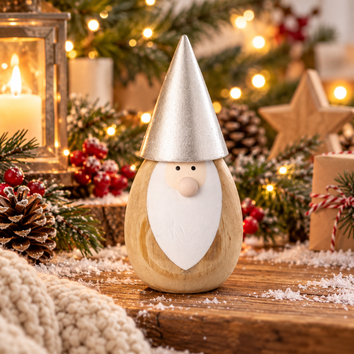 Wooden Santa Gonk With Silver Hat
