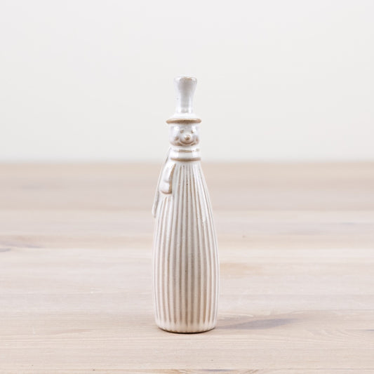 Reactive Glaze White Snowman Ornament on its own against a plain pale background, showing its ribbed glaze