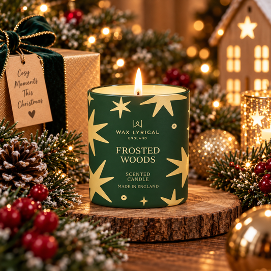Frosted Woods Candle lit in a dark green jar with gold stars, set among Christmas decorations