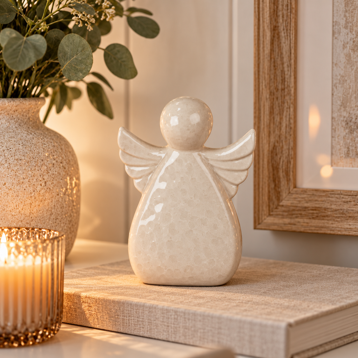 Angel Tealight Holder, a ceramic angel with sculpted wings in a soft neutral glaze