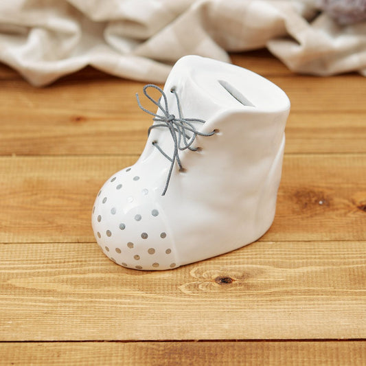 White Ceramic Baby Bootie Money Bank