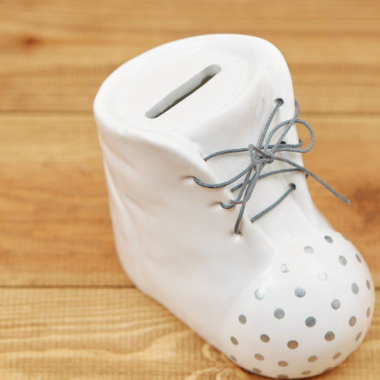 White Ceramic Baby Bootie Money Bank
