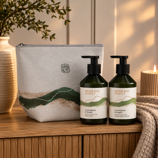 Lemongrass & Ginger Hand Care Gift Set by Highland Soap Co., two pump bottles with a wash bag