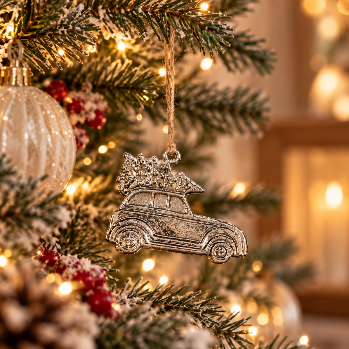 Silver Hanging Car and Tree Ornament, a distressed silver vintage car carrying a Christmas tree on its roof