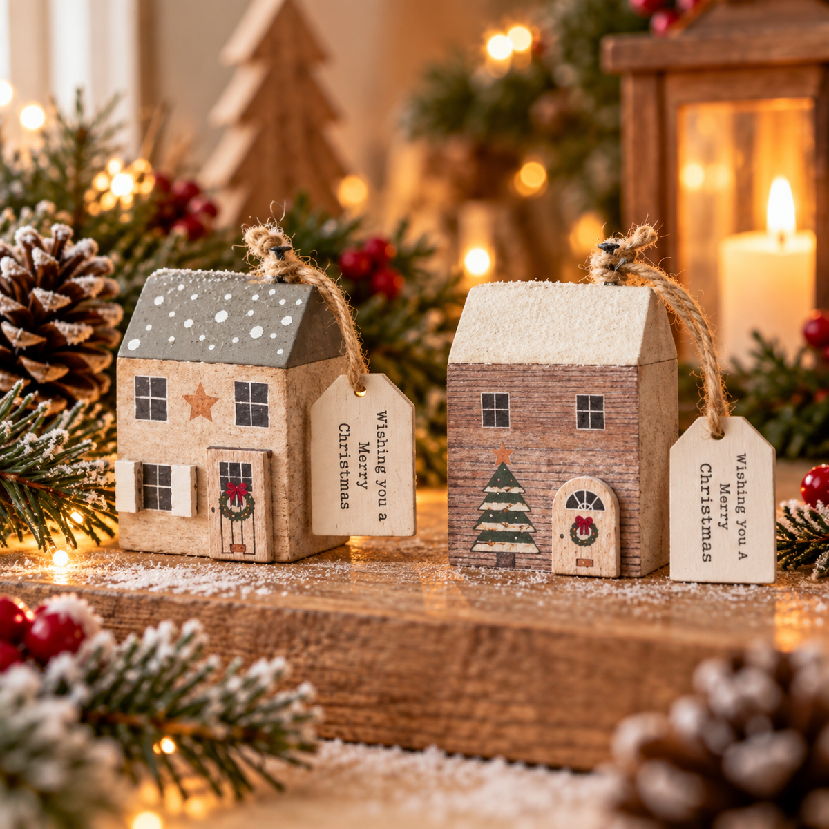 Wish You A Merry Christmas wooden house decoration hanging in a festive display