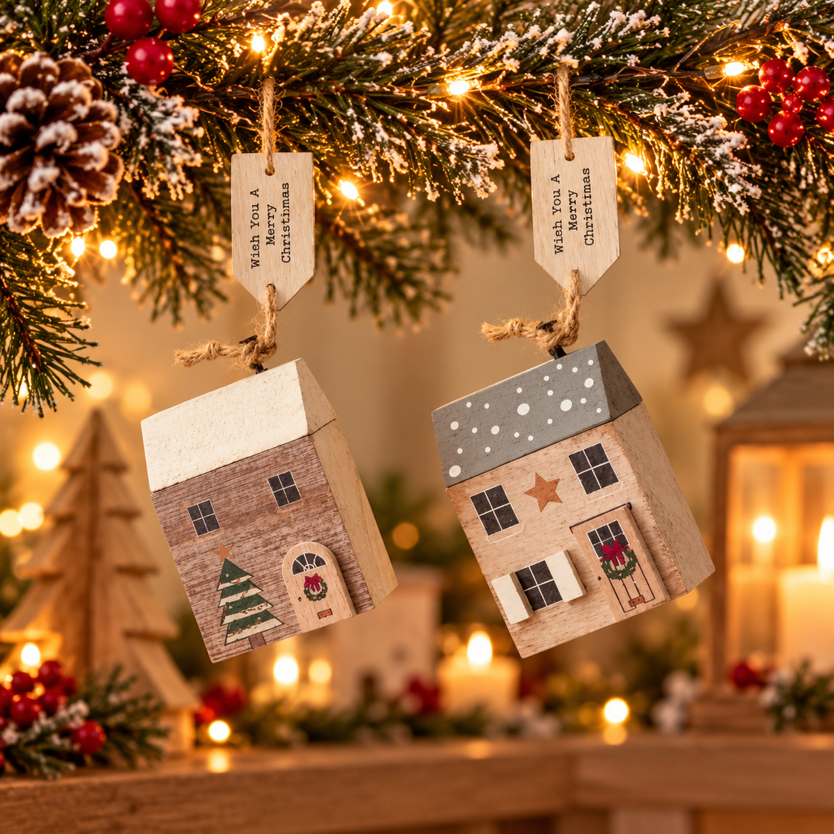 Wish You A Merry Christmas wooden house, close-up of the festive message tag