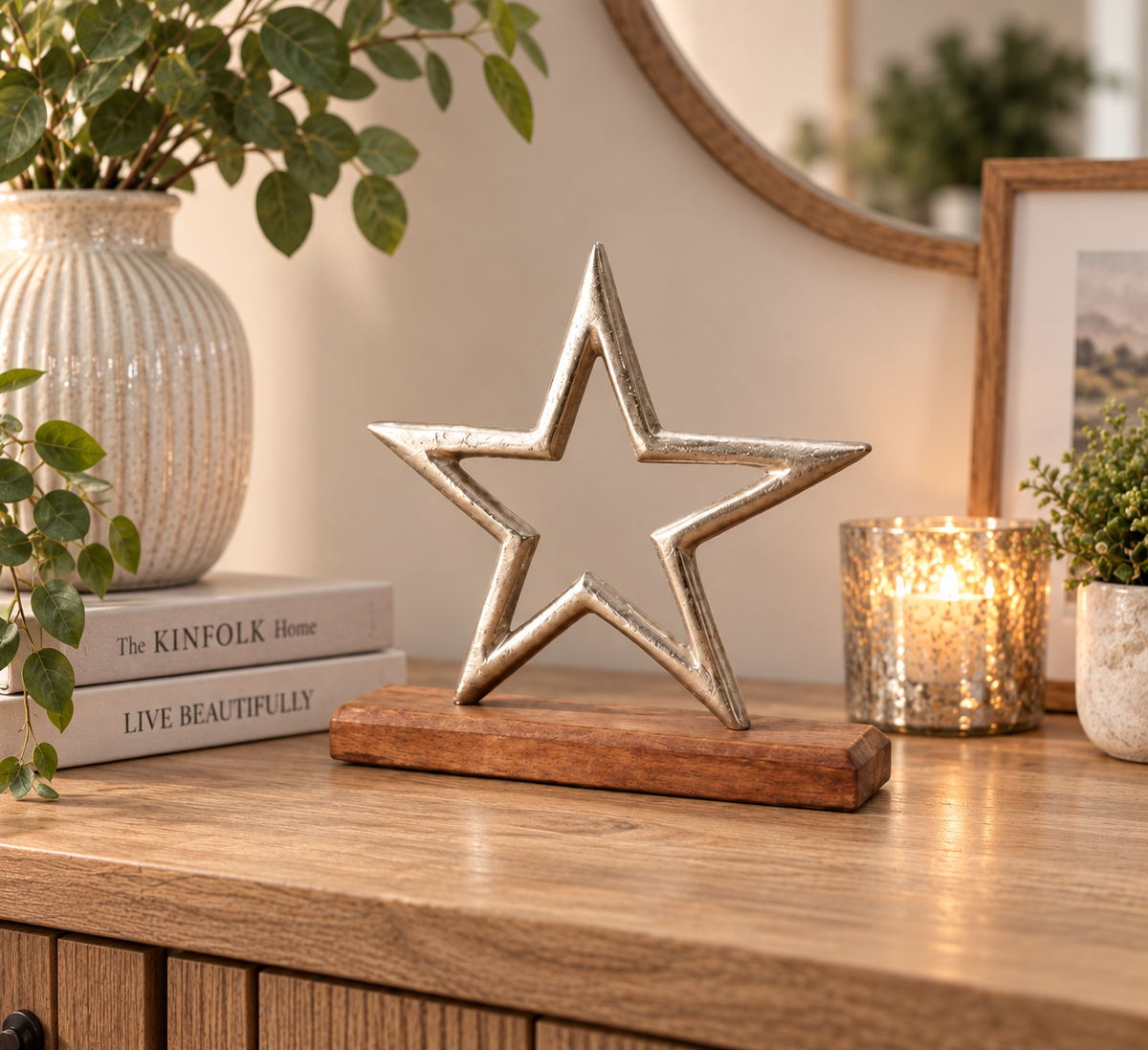 Metal Star on Wooden Base, 22cm