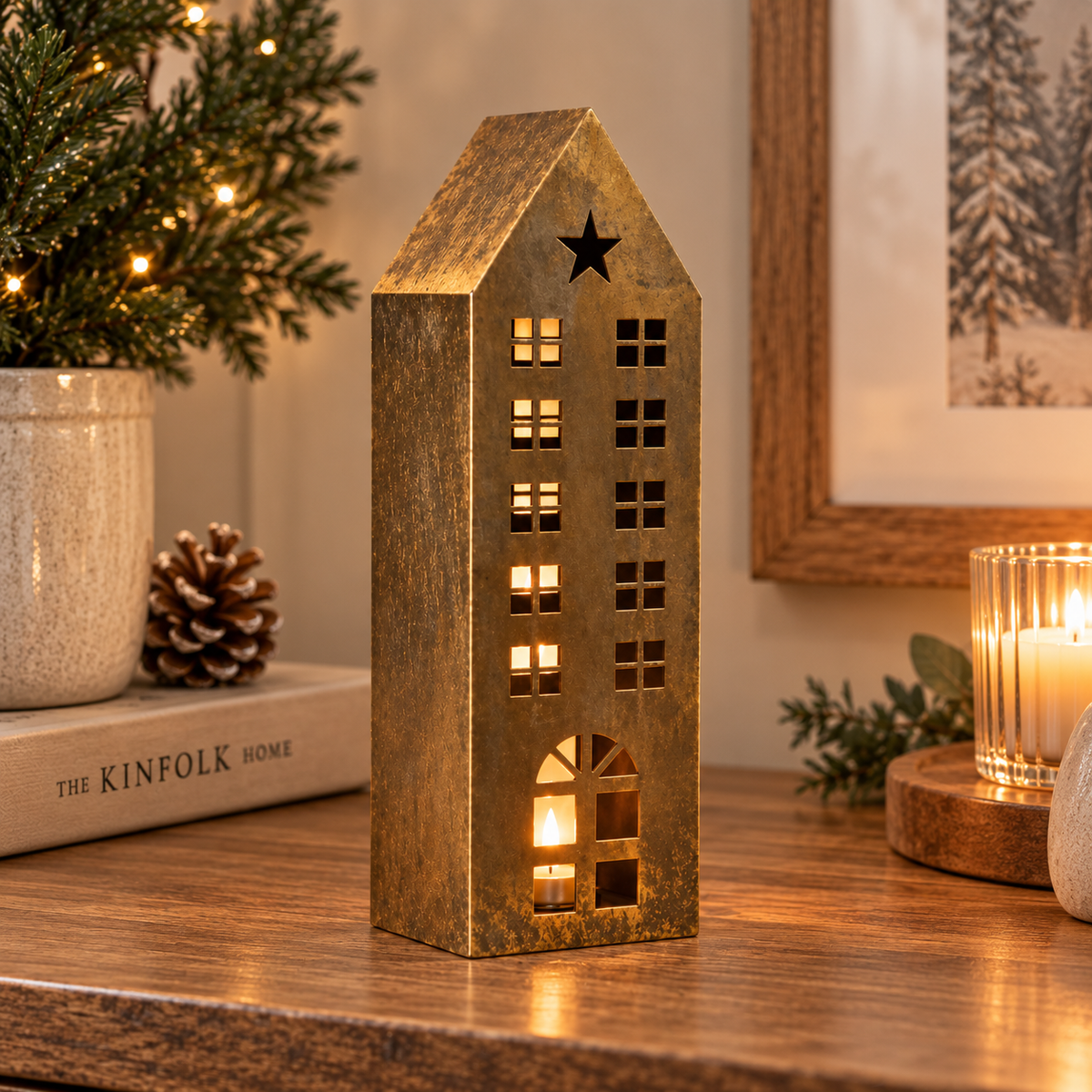 Antique Gold Metal House Tealight Holder