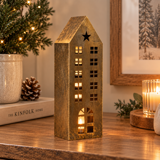 Antique Gold Metal House Tealight Holder