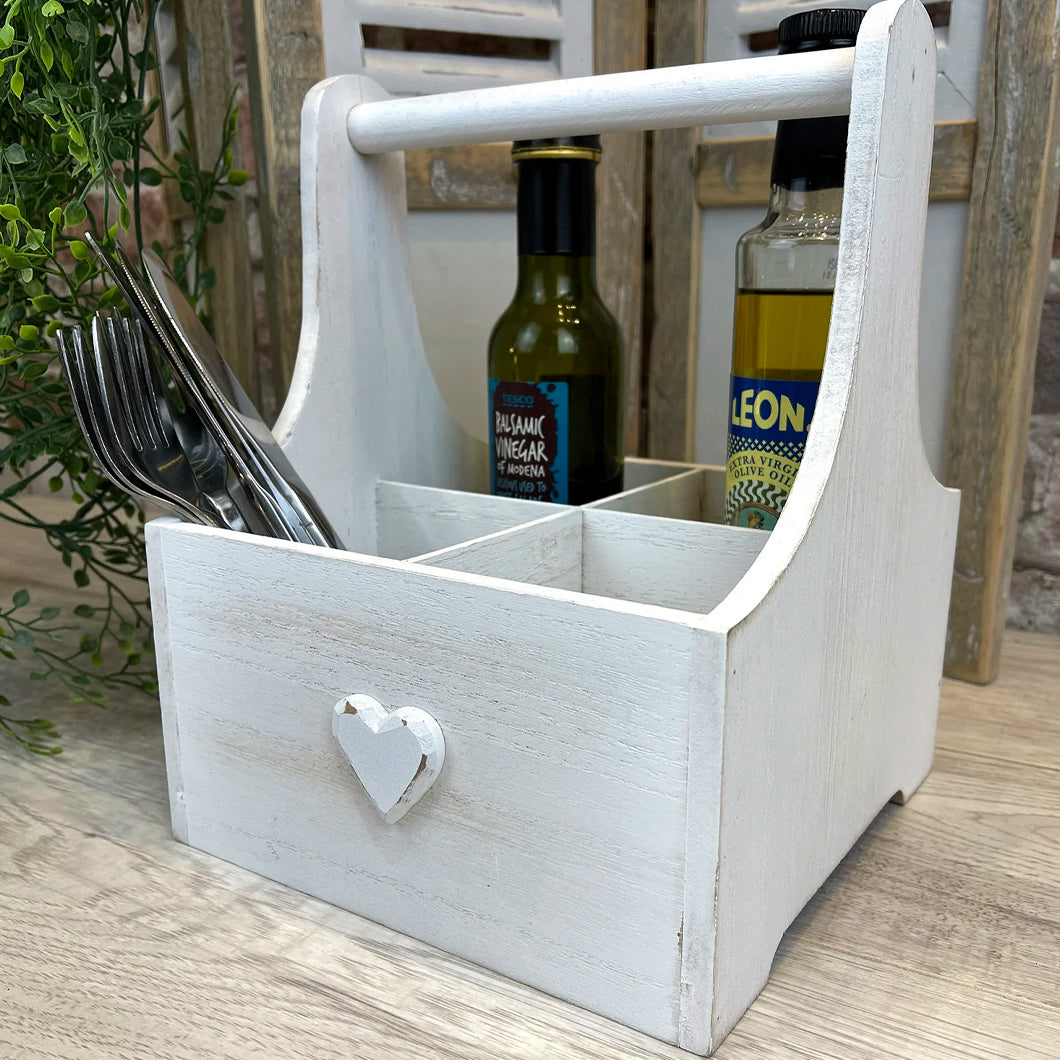 White Washed Wooden Trug With Heart Detail