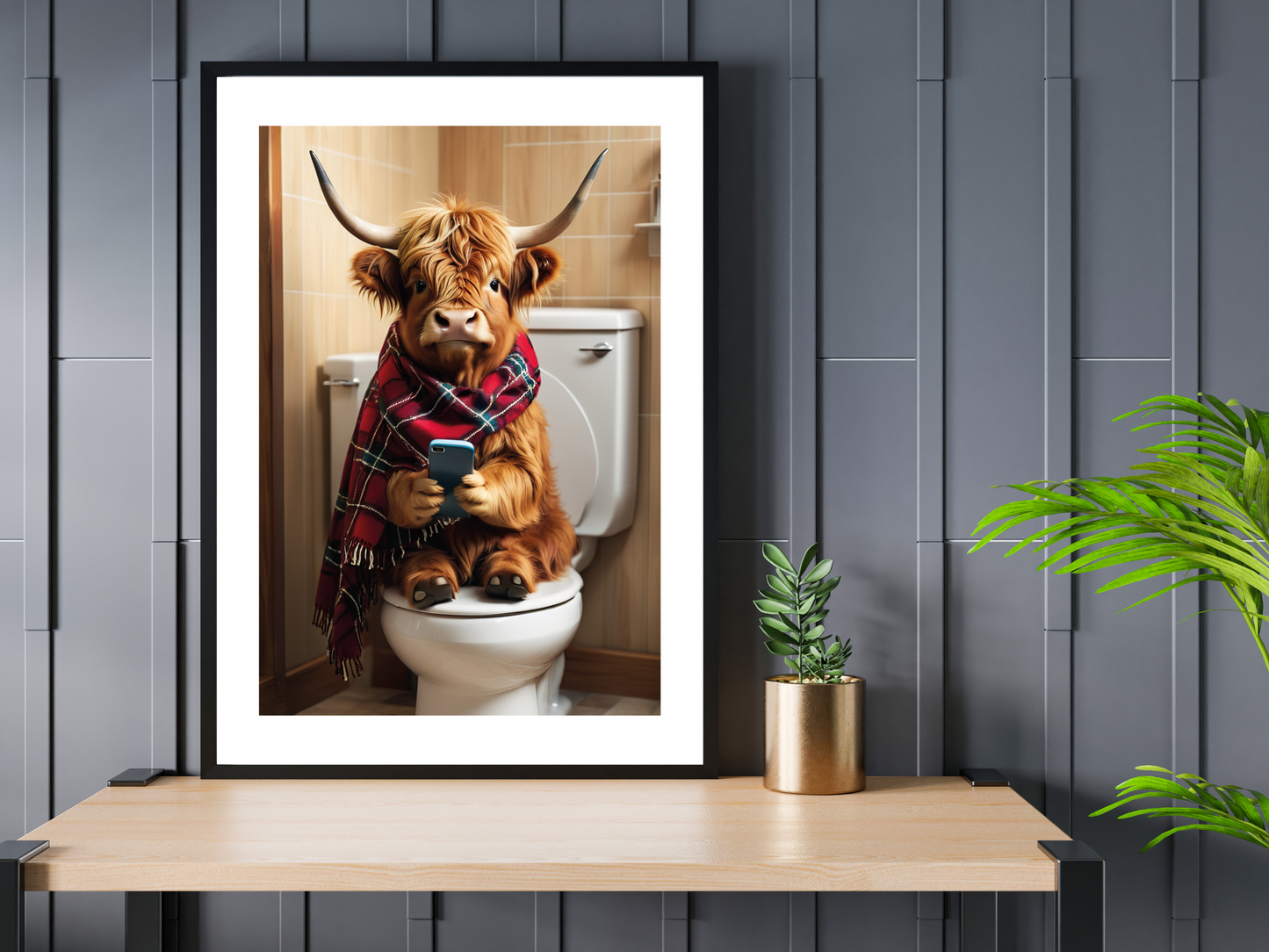 Highland Cow - On Toilet with Phone (Tartan Poncho)