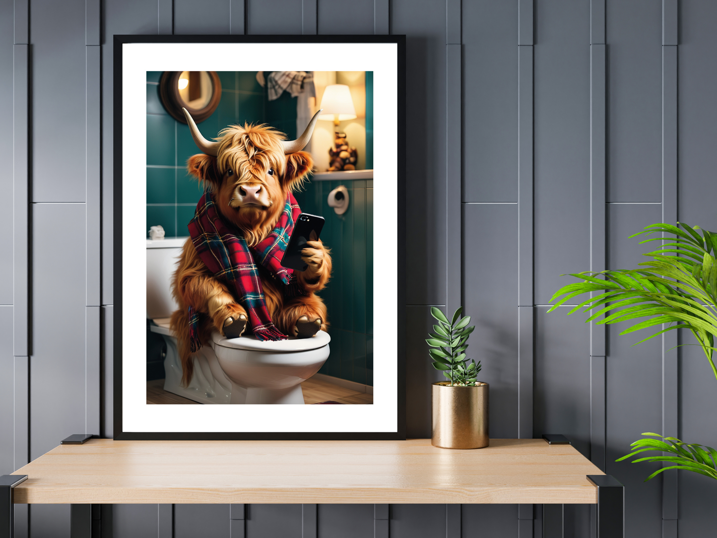 Highland Cow - On Toilet with Phone (Red Tartan Scarf)