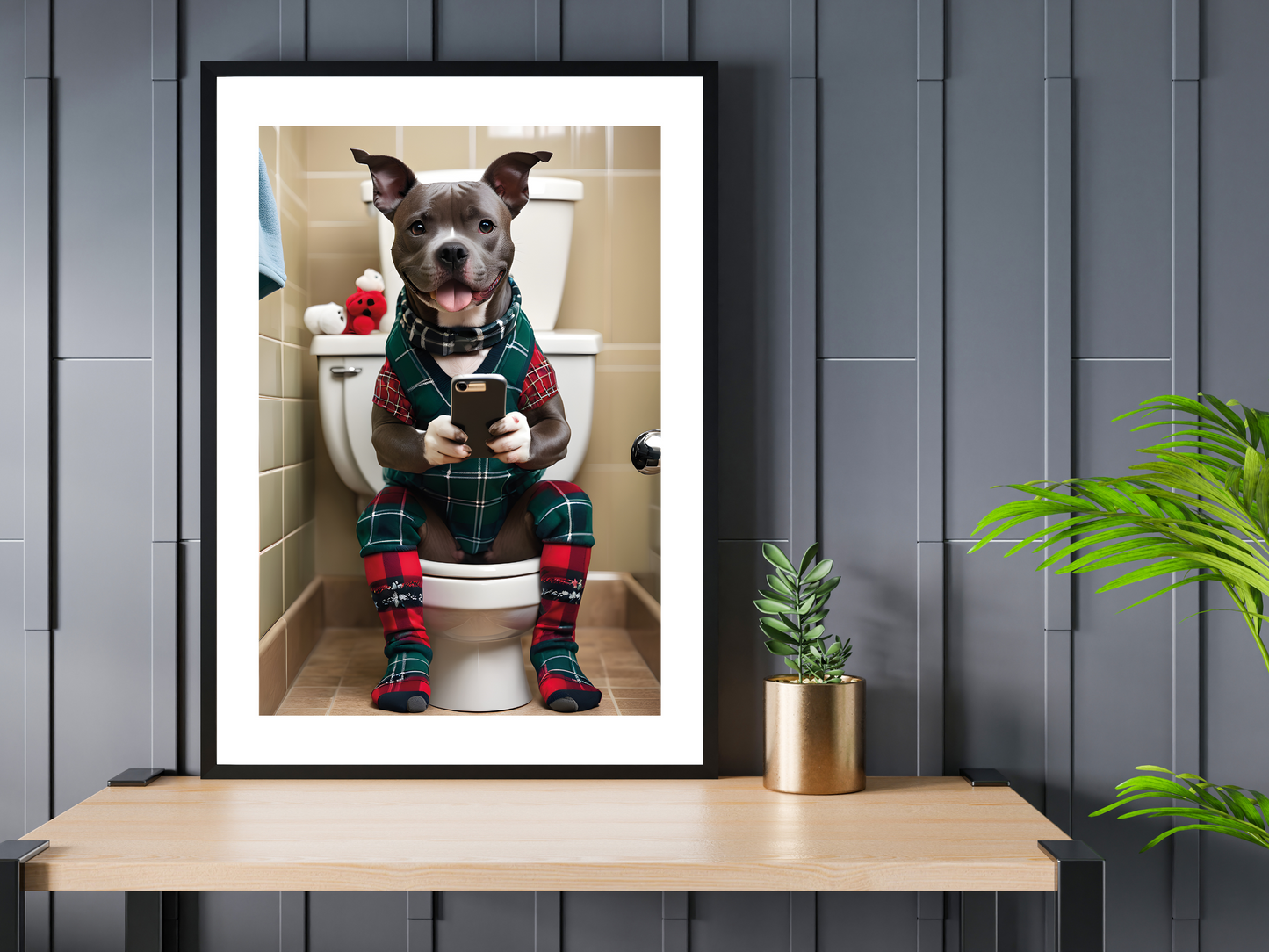 Staffordshire Bull Terrier on Toilet & Phone